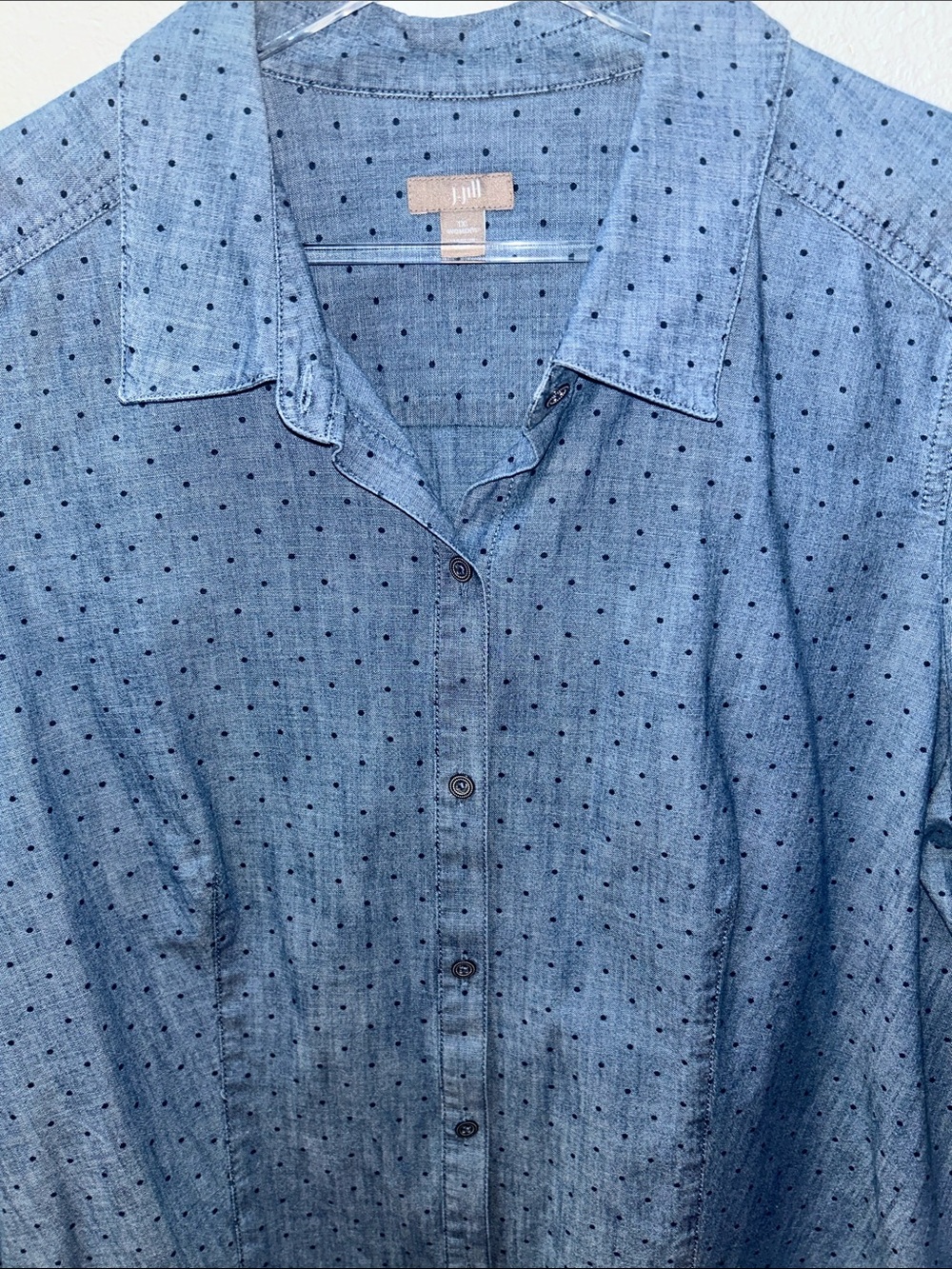 J. Jill Cotton Denim-Like Polka Dot Long-Sleeve Button-Down Shirt 1X in EUC